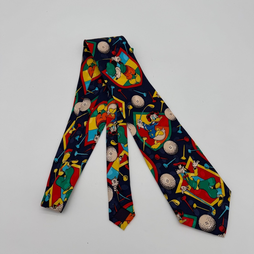 Disney Mickey Mouse Golf Silk Necktie Mens 4" Navy Blue Donald Goofy Vintage